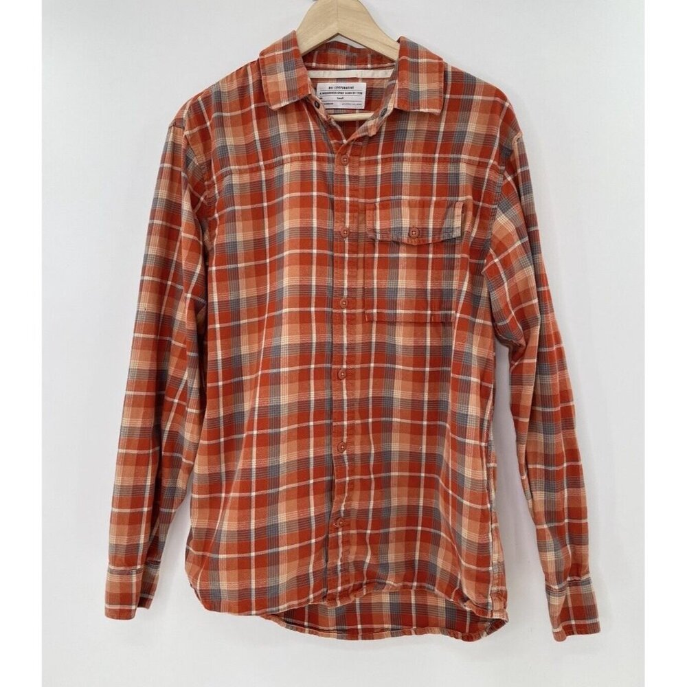 REI Cooperative Men’s Flannel Shirt Plaid Orange Pockets 100%‎ Cotton Size Small